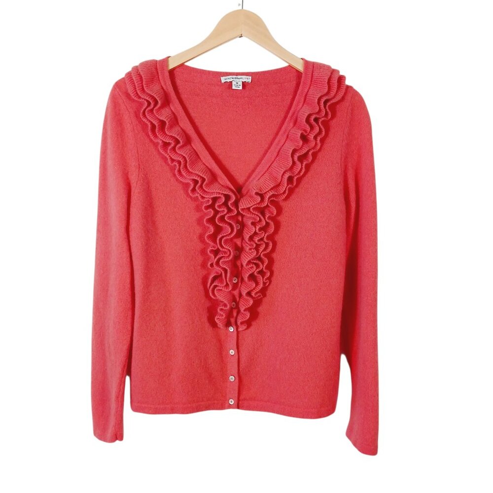 Isaac Mizrahi Cashmere Ruffled Cardigan Sweater, Coral, Size Medium, Lightweight